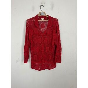 Monroe & Main Red Crochet Cardigan Sweater Womens 2X Ramie Cotton Open Knit